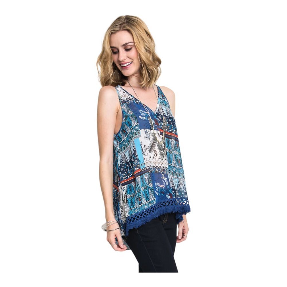 Umgee Boho Patchwork Print High Low Crochet Fring… - image 2